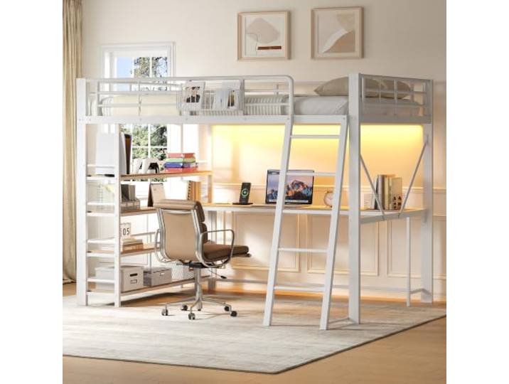 Merax Metall-Hochbett 140x200 cm mit Schreibtisch, Regal, Stauraum,Weiß Metallbett mit Aufbewahrungskorb, 4-stufigem Regal und Schutzgeländer – platzsparende Kombination für Schlafen und Arbeiten