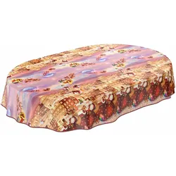 Weihnachtstischdecke Wachstuch Tischdecke abwaschbar Weihnachten Geschenke - Oval 200 x 140 cm, Paspelband (Eingefasst)