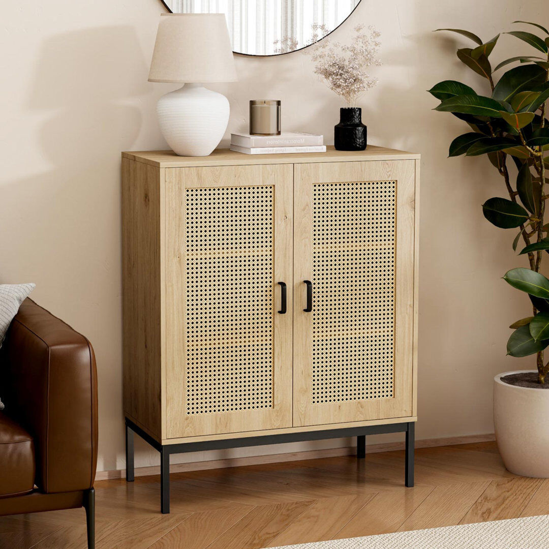 VonHaus 2 Door Tall Rattan Sideboard Brown 100cm H X 80cm W X 38cm D