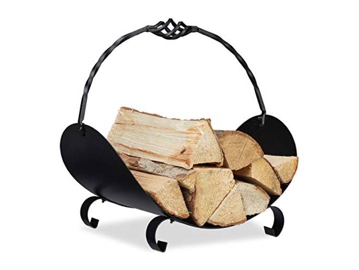 Relaxdays Kaminholzkorb Metall, Holztrage mit Henkel, schwarz