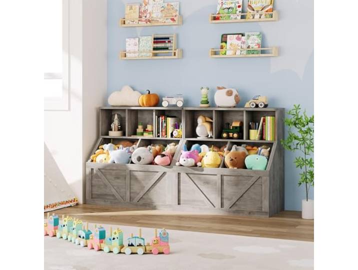 2‑er‑Set Kinder Aufbewahrungsregal aus MDF für Spielzeug und Bücher Stabile Bauweise, offene Fächer, mit Anti‑Kipp‑Vorrichtung, für Spielzeug, Bücher und Plüschtieren im Kinderzimmer