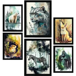 POSTER Set Mit 6 Norden Und Süden Illustrationen Von Tieren In Naturlandschaften, Realistischer Aquarellstil Innenarchitektur A3 & A4 Schwarzer Rahmen