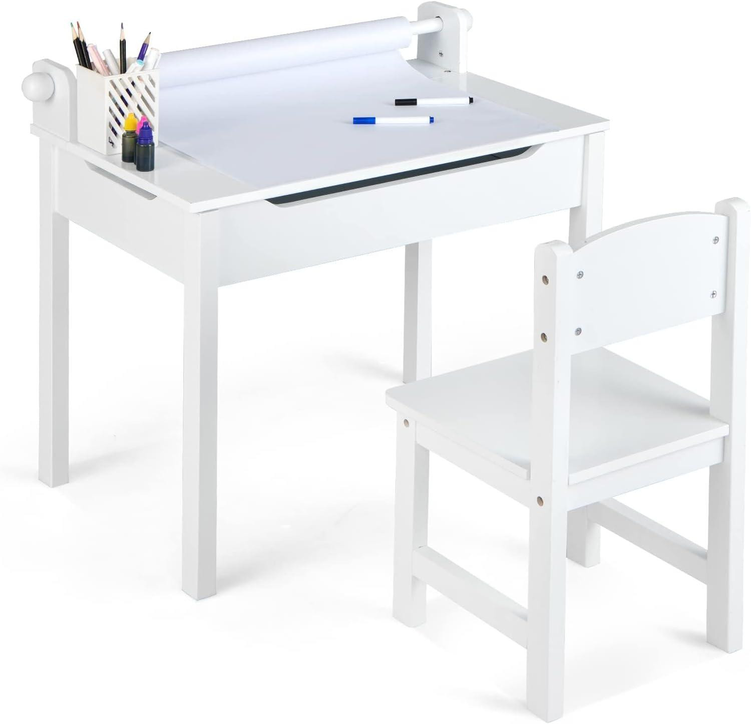 Costway Kinderbureau met stoel en activiteitentafel voor kinderen, wit