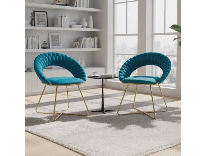 2PCS Fauteuils Salon Modernes Pied Doré Dossier Tressé Bleu - Velours - Semi-circulaire