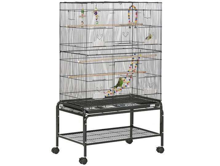 ComfortXL Vogelkäfig De-17814 auf Rollen mit 4 Futterhäuschen & Schaukel Schwarz, Metall, 49x133x79 cm, Dekoration, Gartendeko