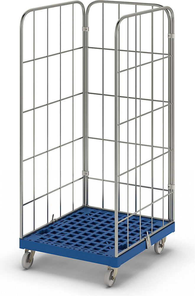 kaiserkraft Rollbehälter MODULAR, Kunststoff-Rollplatte, Gitter 3-seitig, Platte dunkelblau