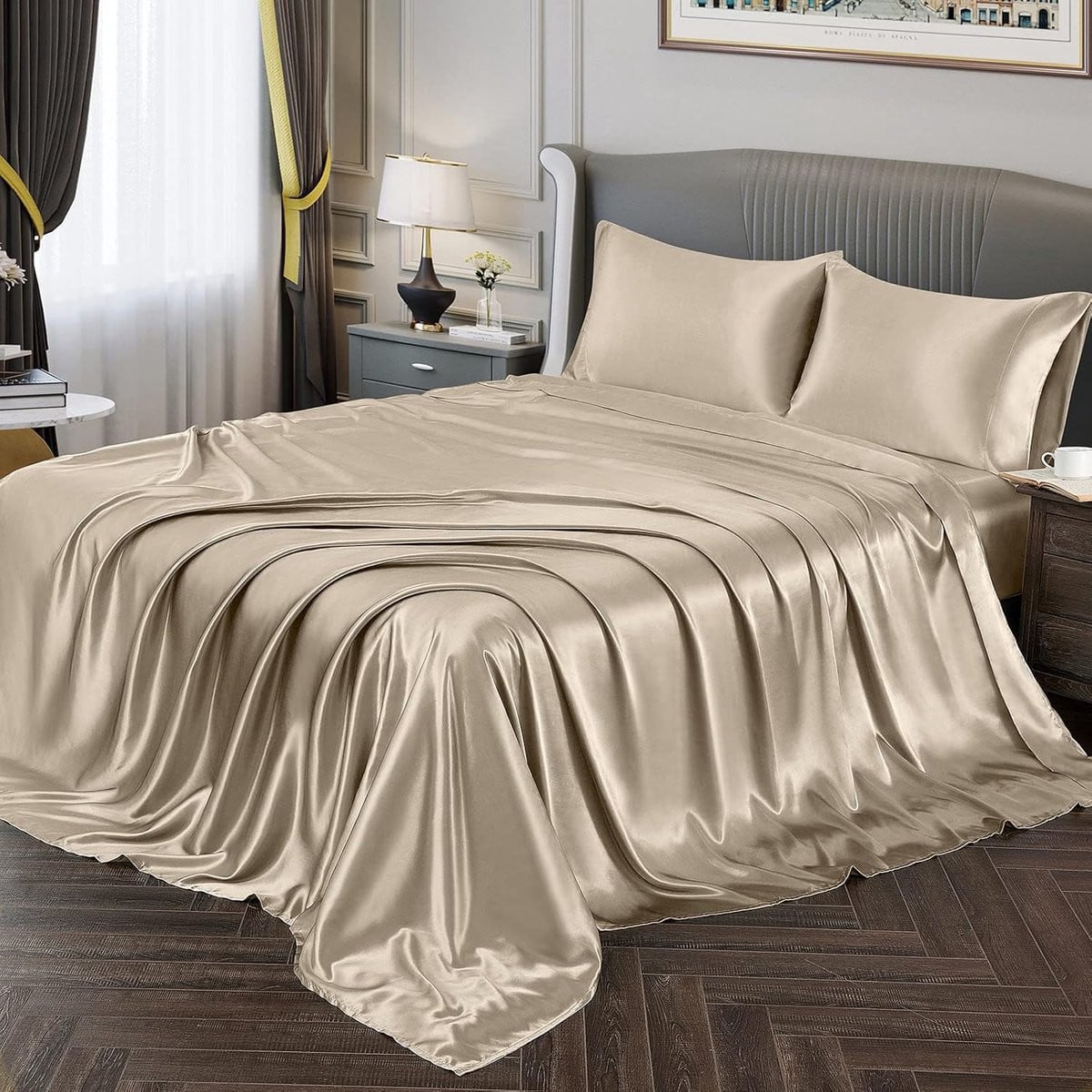 Luxe 4-delige satijnen lakenset Queensize - Taupe - Zijdezacht
