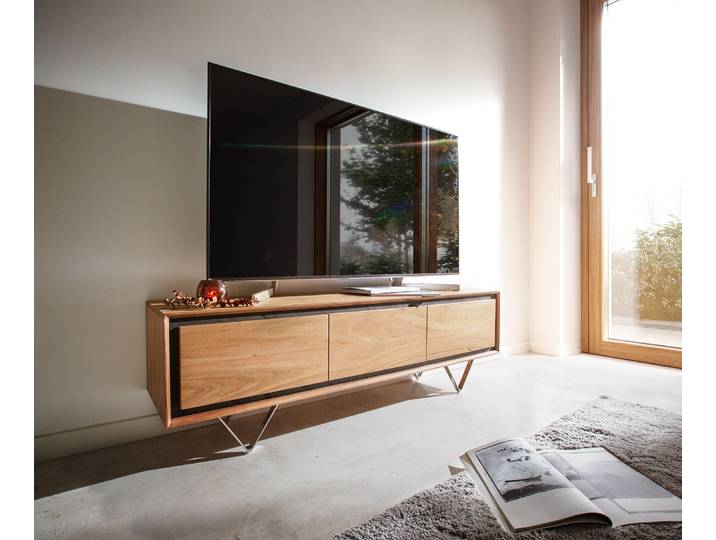 Buffet bas Stonegrace 145 cm acacia nature 3 portes placage en pierre pieds en V