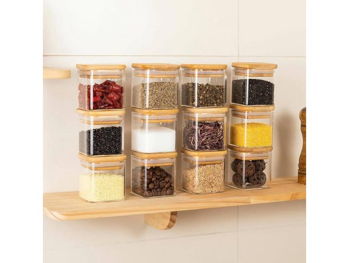 Gewürzgläser 12er Set 120ml mit Bambusdeckel und Etiketten, Mehrfarbig, Glas, 6x6.7x6 cm, Küchenzubehör, Vorratsbehälter, Gewürzgläser