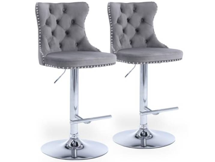SEEDWAVE Drehbare Barhocker 2er Set, Samt Polsterhocker Höhenverstellbarer, Moderner Drehhocker mit Fußstütze, Nietenverzierung, Chromgestell – Moderner Barstuhl (Grau)