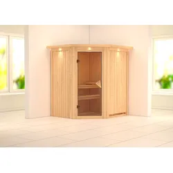 Karibu Sauna Taurin mit Eckeinstieg 68 mm-Ohne Ofen-inkl. Dachkranz