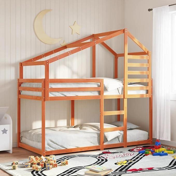 Etagenbett mit Dach Wachsbraun 90x200 cm Massivholz Kiefer Kinderbett mit Stauraum und Sicherheitsbarriere für begrenzte Zimmer, geeignet für Kinder unter 6 Jahren