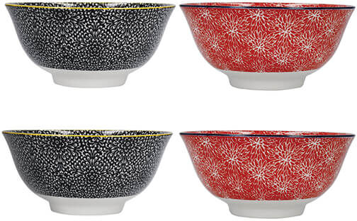 KitchenCraft Set of 4 Red and Black Design Ceramic Bowls