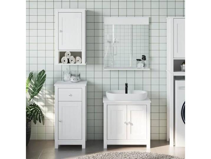 3-tlg. Badmöbel-Set BERG Weiß Massivholz Kiefer mit Spiegel und Schrank Massivholz Kiefer, UV-Lackierung, wasserbeständig, Wandmontage, viel Stauraum, platzsparend