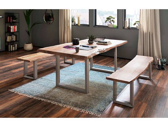 Massive Baumkanten-Sitzbank 200cm Braun/Akazie Braun U-Form Silber