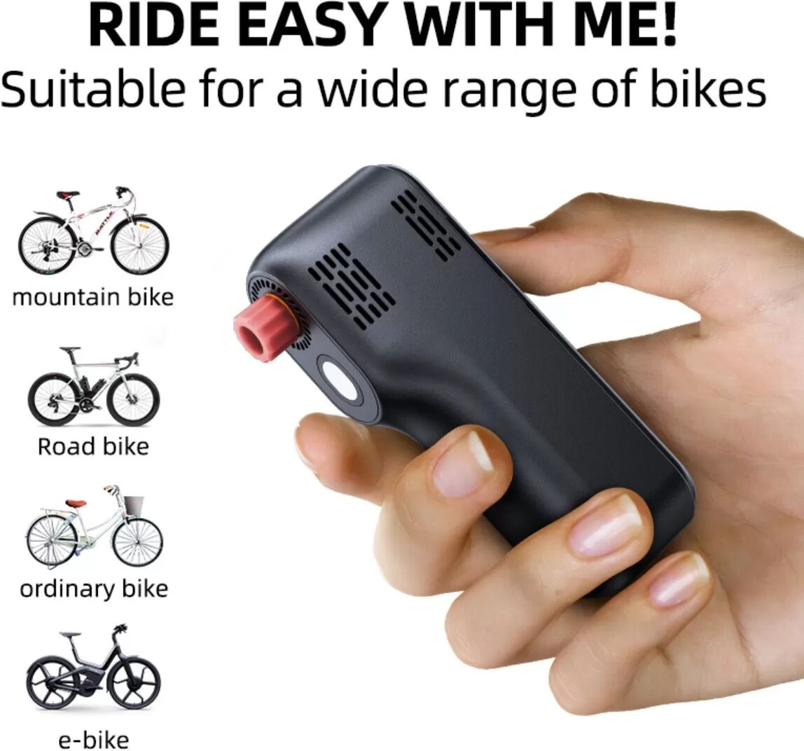 INF Mini tragbare elektrische Fahrradpumpe mit LED-Druckanzeige (PSI/bar), Type-C wiederaufladbar 1200mAh, bürstenloser Motor,