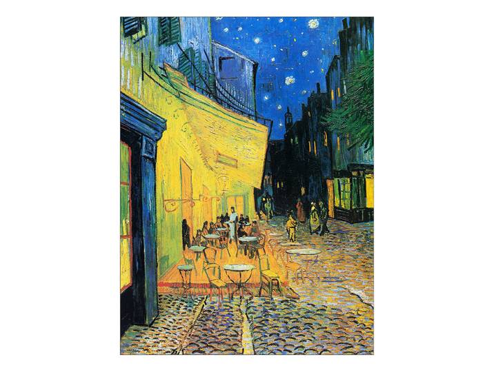 Tableau Van Gogh terrasse de café Cadre : panneau de fibres de bois MDF Revêtement : toile Bleu/Orange/Jaune 57 x 77 x 2cm