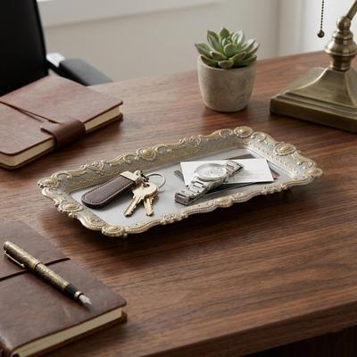 Cheungs "Silver Metal Vintage-Style 12"" Trinket Tray with Decorative Blue-Grey Gold Edges"