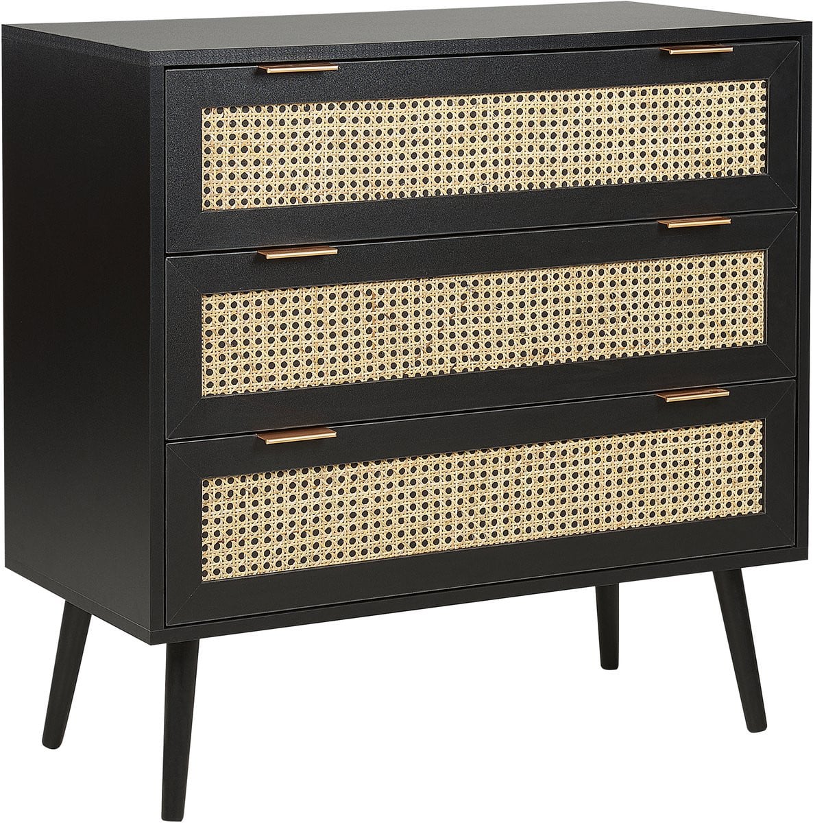 OPOCO Commode met 3 lades en rotan frontjes - Zwart - Boho stijl