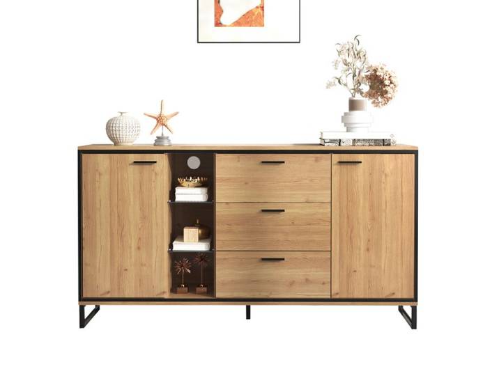 ULEVR buffet bas rectangulaire moderne 160 x 40 cm - LED 16 couleurs étagères réglables et rangements naturel