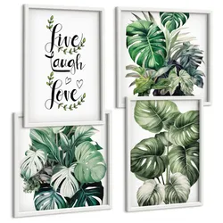BILDER SET 4er Set - 50x50 cm & 40x60 cm Weißer Rahmen - Blattpflanzen leben, lachen, lieben
