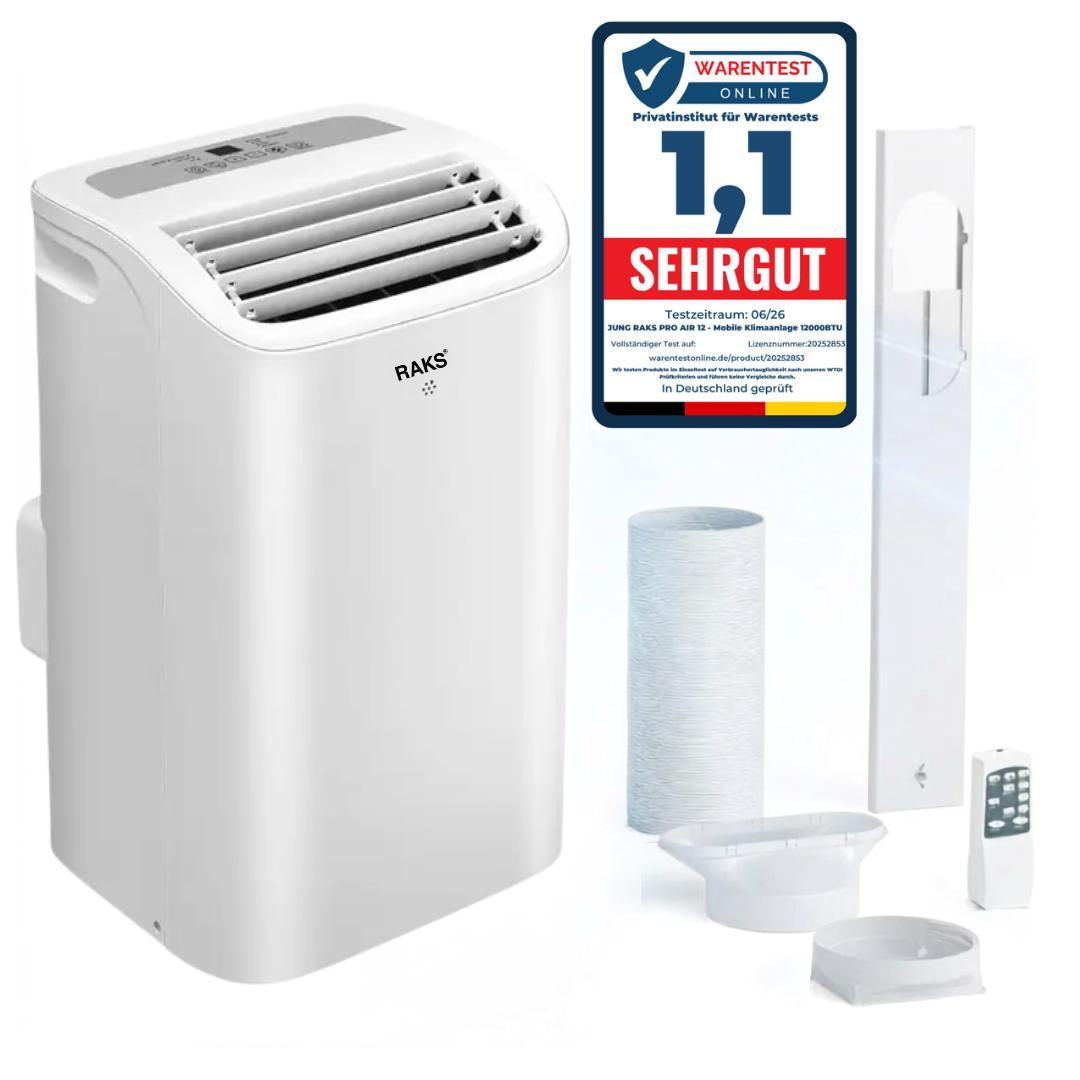JUNG RAKS PRO AIR 12 Mobile Klimaanlage 3500W 3in1 Klimagerät mobil, 12000BTU, Luftkühler, Ventilator, Fernbedienung, leise & energieeffizient 64dB