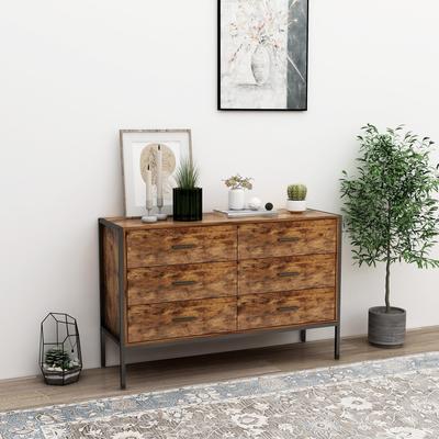 Loedds 48-Inch Industrial 6-Drawer Double Dresser with Steel Frame, Rustic Brown