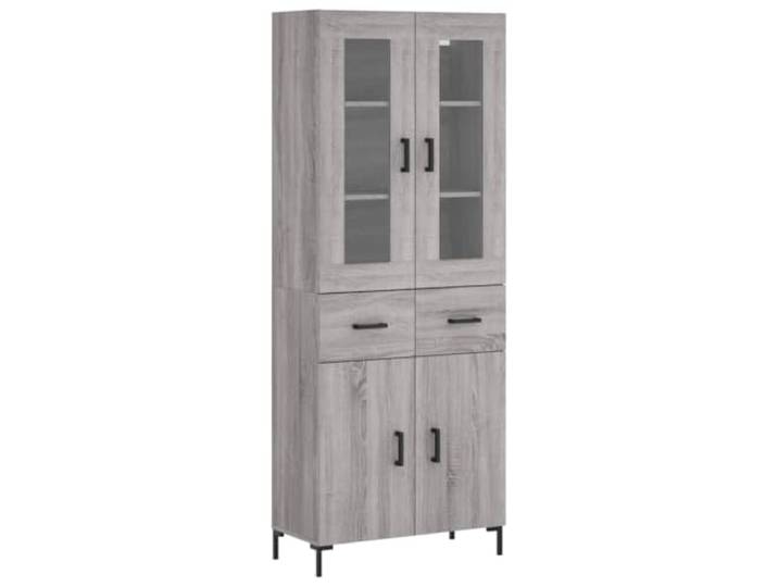 Fisinber Highboard Grau Sonoma 69,5x34x180 cm Holzwerkstoff Schrank Zweiteiliges Standregal in Grau Sonoma mit Vitrinentür und Metallfüßen für Wohnzimmer und Flur.