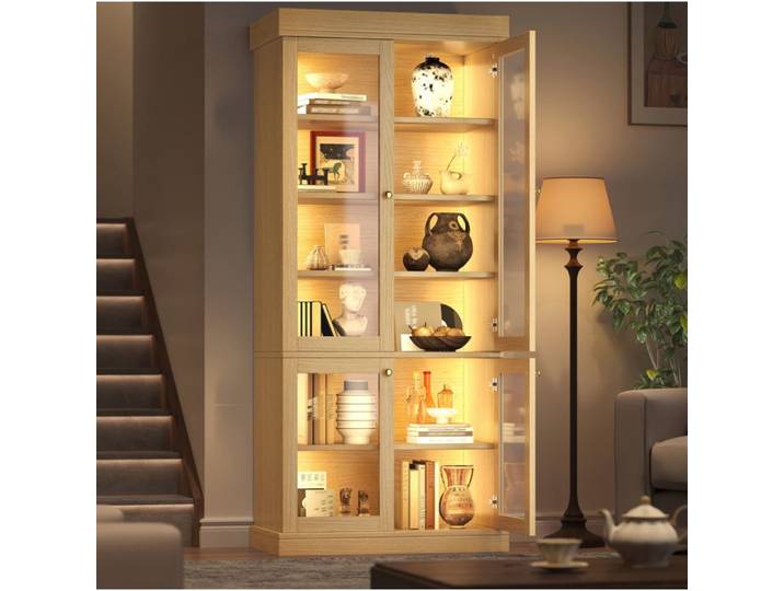 Vitrine haute 4 portes vitrees AESVAR 80 x 40 x 180 cm avec LED integrees et anti-basculement bois naturel