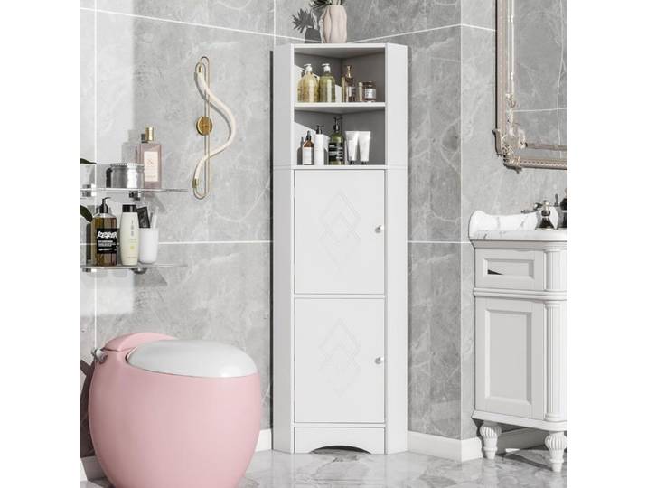 Meuble de coin pour salle de bain-étroit-unités de rangement pour salle de bain-bain avec 2 portes et étagère de rangement ouverte