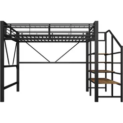 OKWISH Hochbett Metall und MDF Schwarz 251,5x163x170 cm, Liegefläche 140x200 cm, mit Stufenregal, Gitterablagen, Aufbewahrungskorb und LED-Licht