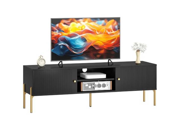 HOMCOM TV-Ständer für Fernseher bis 65 Zoll Entertainment-Center Schwarz Modern, 2 offene Regale, 2 Schränke, 5 Stahlbeine, TV-Konsole, 2 Kabeldurchlässe, Wohnzimmer