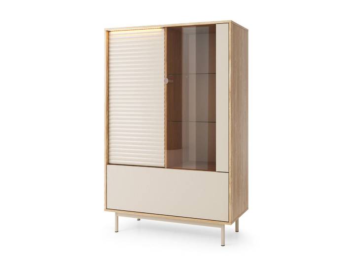 Beautysofa Vitrine Terra mit 3 Türen und LED-Beleuchtung, Kaschmir/geölte Eiche, Metall, 100x152x40 cm, Esszimmer, Vitrinen, Vitrinenschränke