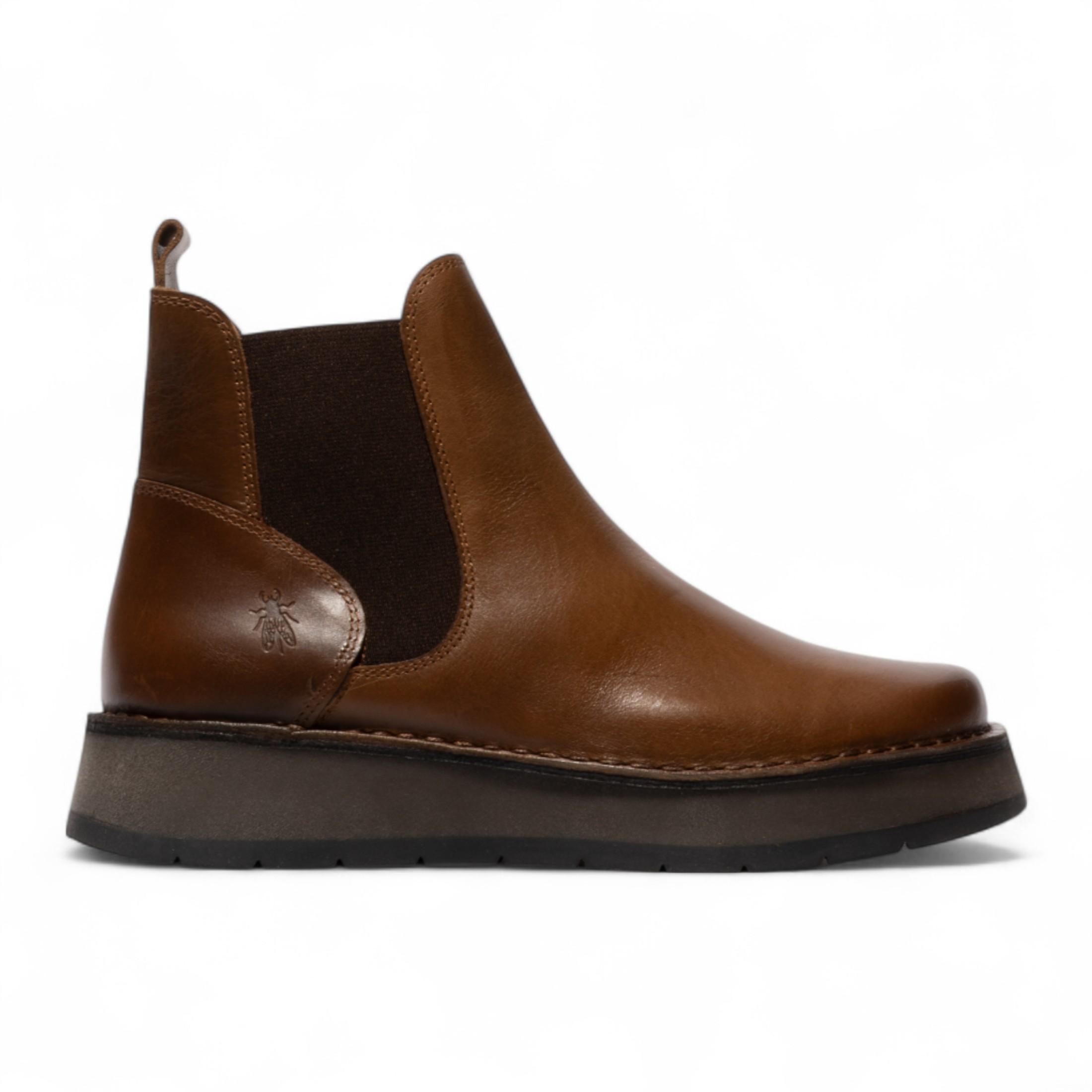 Fly London Damen RAWI131 Chelsea-Stiefel aus Leder zum Hineinschlüpfen, klassisch, bequem, Kamelbraun