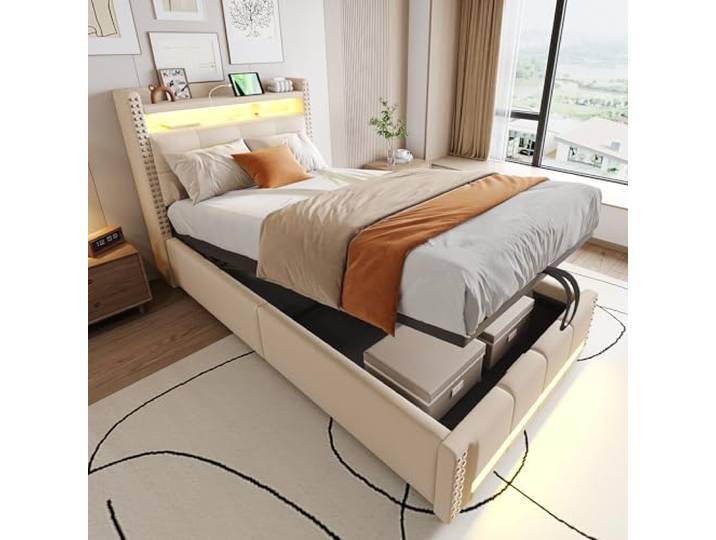 Ball & Cast Polsterbett 90x200 mit Beleuchtung und Ladestation, Beige Stauraumbett mit Beleuchtung und USB-Steckdose. Kopfteil aus Leinen mit Einlegeböden. Ohne Matratze