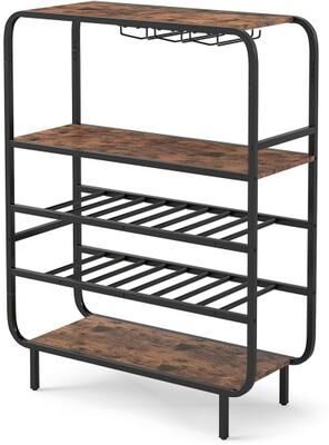 Costway 16 Bottle Wine Rack with 5-Tier Wine Shelf and Glass Holders for Kitchen Bar-Rustic Brown