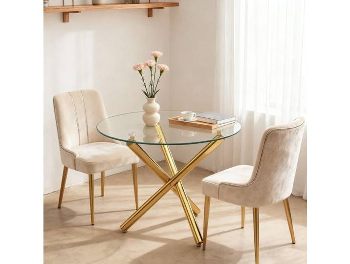 SENVIRO table a manger ronde plateau en verre trempe pied croise silhouette minimaliste or