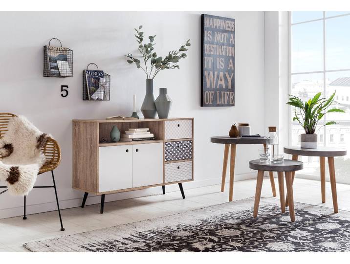 Sideboard SIT Opatija im Scandi-Shabby-Chic mit 3 Schubladen und 2 Türen , bunt (natur, bunt), B:106cm H:71cm T:45cm, Holzwerkstoff, MDF, Sideboards, Sideboard, Grifflose Fronten mit White-Wash-Optik und blau-weissen Dekoren