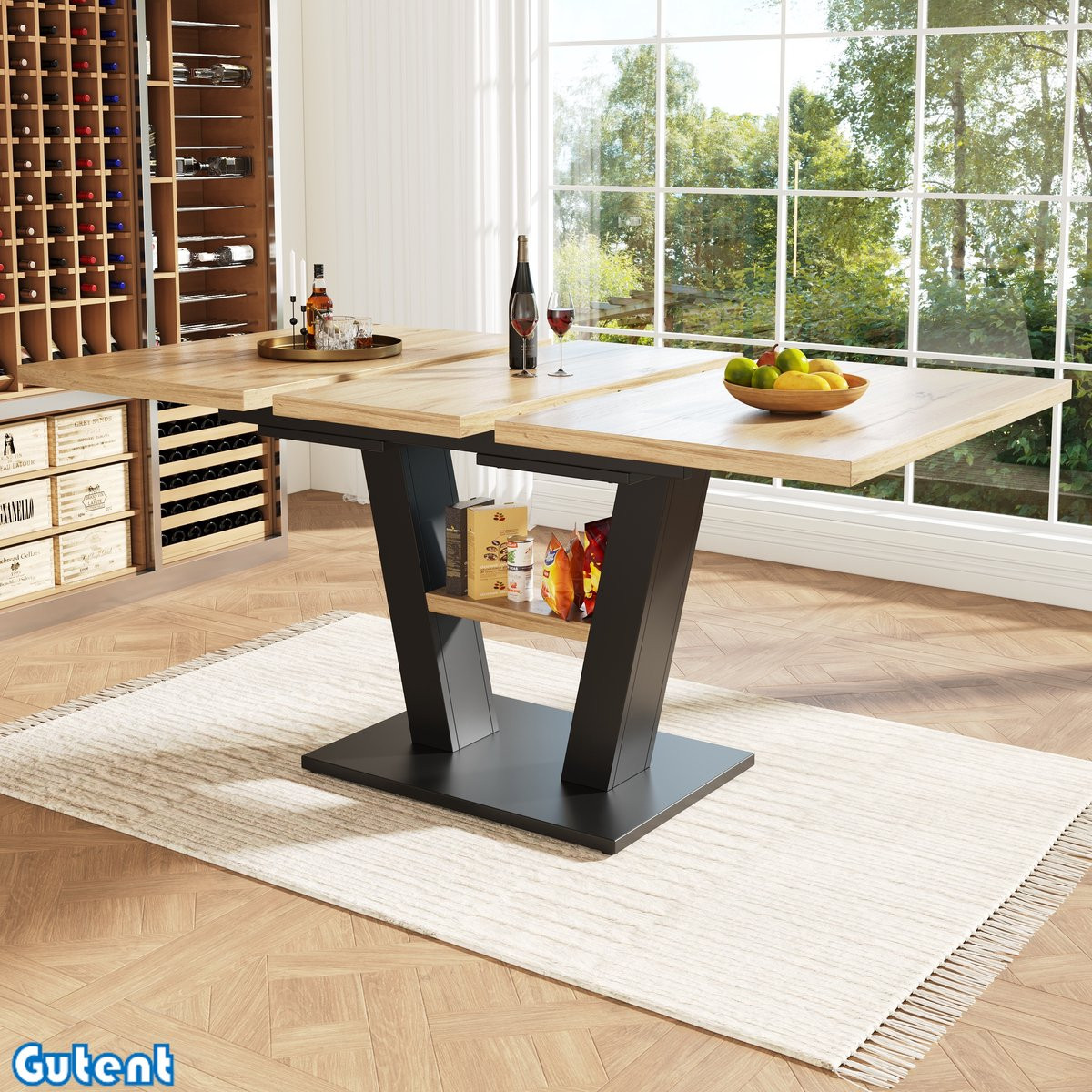 Gutent Uitschuifbare Eettafel met Zwarte Poten, Houten Tafel, B/D/H: 118-157 x 70 x 75 cm