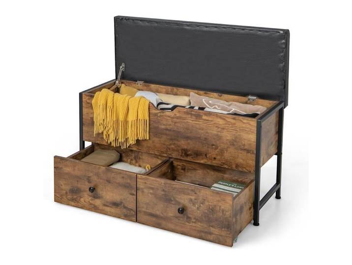 GOPLUS Banc de Rangement en Bois avec Siège Rembourré Charge150kg Coffre de Rangement Style Industriel avec 2 Tiroirs