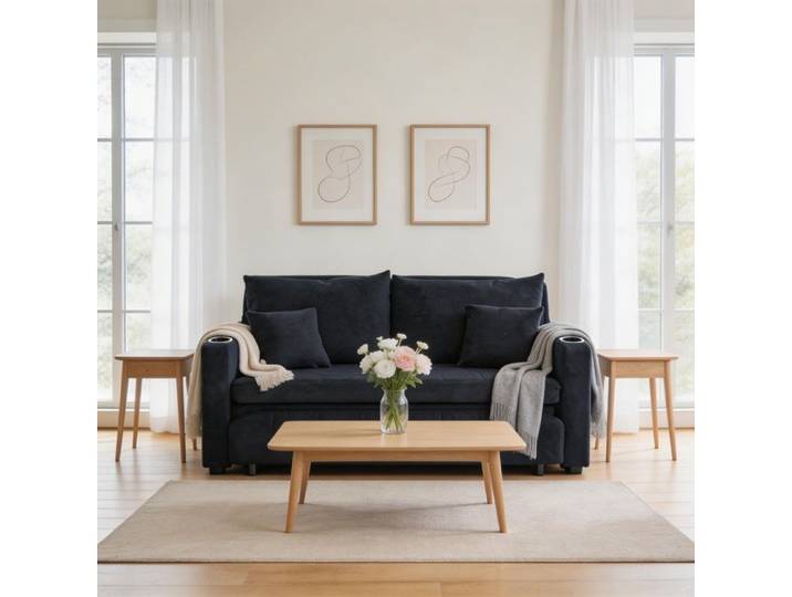 Canapé-lit - Modèle 139x83 cm - Housse amovible lavable - Recharge USB & porte-gobelets - Poche de rangement