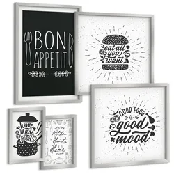 BILDER SET 5er Set - 50x50 cm & 20x30 cm & 40x60 cm Silberner Rahmen - Grafiken, Lebensmittel, kulinarische Slogans