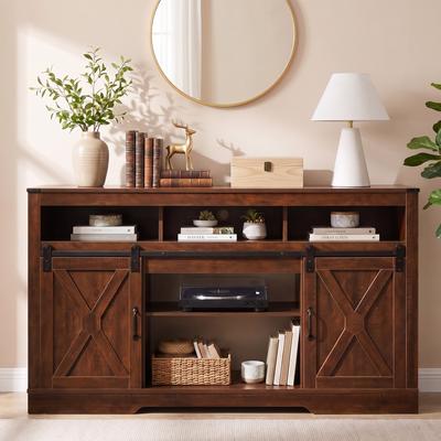Royalcraft "Farmhouse Barn Door TV Stand for TVs Up to 65 inch, 58""W Entertainment Center with Removable Shelf and 5 Open Shelves"