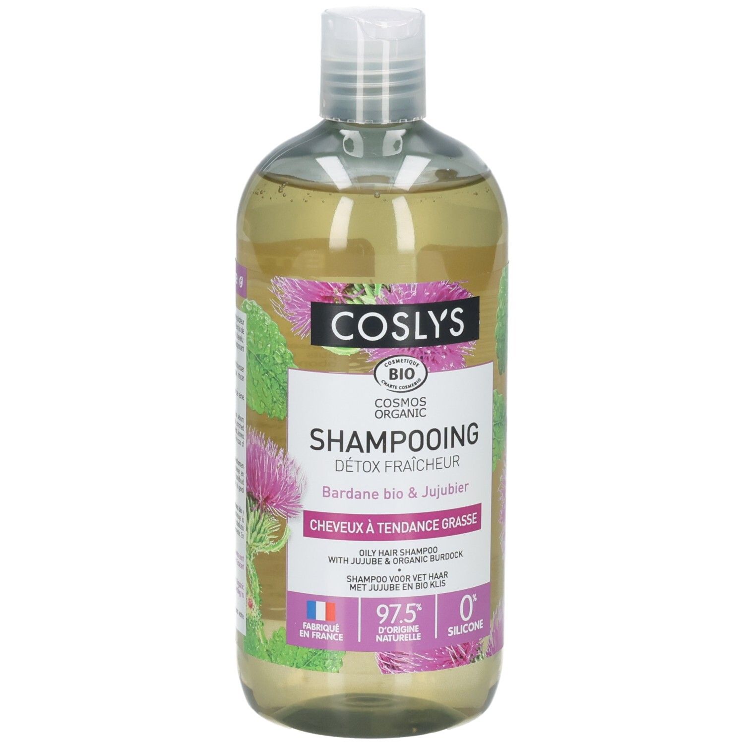 Coslys Shampoing Bio Detox Fraicheur Cheveux A Tendance Grasse Bardane Et Jujubier Flacon 500 ml Shampoo