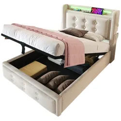 Merax Polsterbett LED Einzelbett 90x200cm mit Ladefunktion und hydraulischem Stauraum, Beige