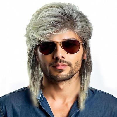 80er Jahre Stil Vokuhila Perücke lang zweifarbig graublond Kostüm Party Accessoire