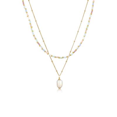 Silberkette ELLI "Halskette Layer Süßwasserperle Barock Glas Beads 925 Silber" Gr. 42, gold, Halsketten, Damen, Silber 925 (Sterlingsilber), Silberkette