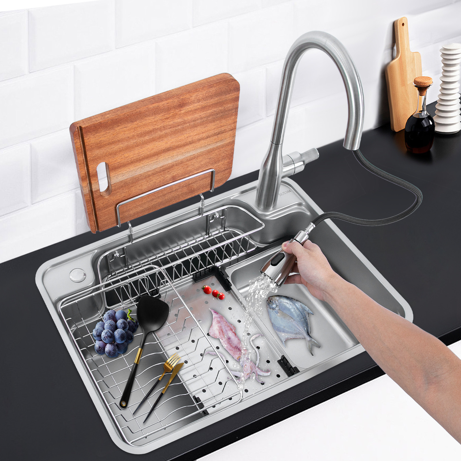 Easybuy Multifunctionele roestvrijstalen spoelbak met uittrekbare kraan, zilverkleurig (klein)