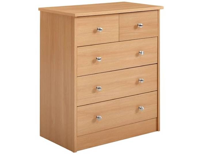 WOHNLING Kommode 60x35x70 cm Buche mit 5 Schubladen Sideboard flach zeitlos, Mehrzweckanrichte für Flur und Schlafzimmer, Schubladenkommode mit klarer Formgebung