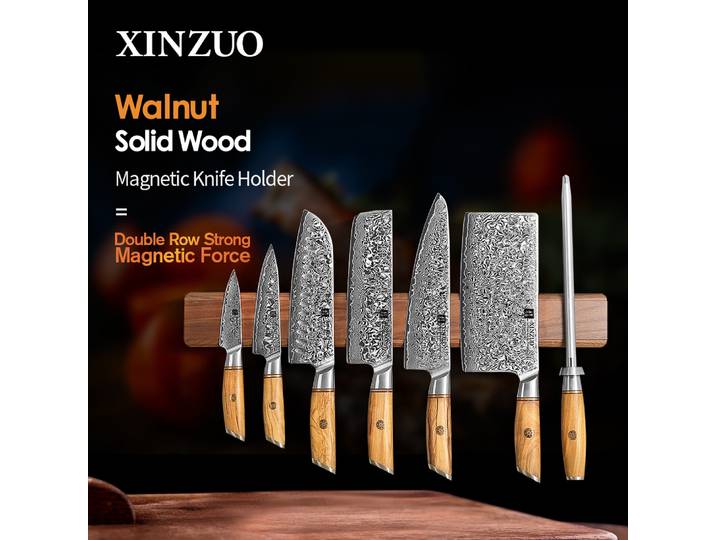 XINZUO 50 cm porte-couteau magnétique puissant couteau magnétique bande à la main noyer solide couteaux en bois support mural bloc